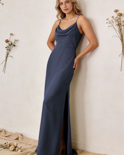 Chiffon Cowl Neck Spaghetti Straps Maxi Bridesmaid Dresses with Slit