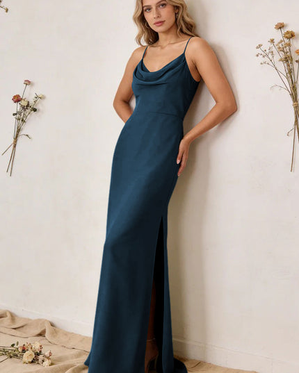 Chiffon Cowl Neck Spaghetti Straps Maxi Bridesmaid Dresses with Slit