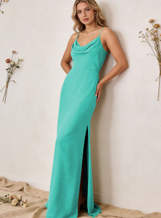 Chiffon Cowl Neck Spaghetti Straps Maxi Bridesmaid Dresses with Slit