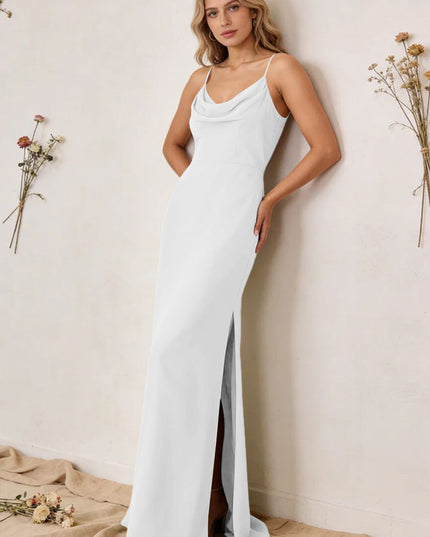 Chiffon Cowl Neck Spaghetti Straps Maxi Bridesmaid Dresses with Slit
