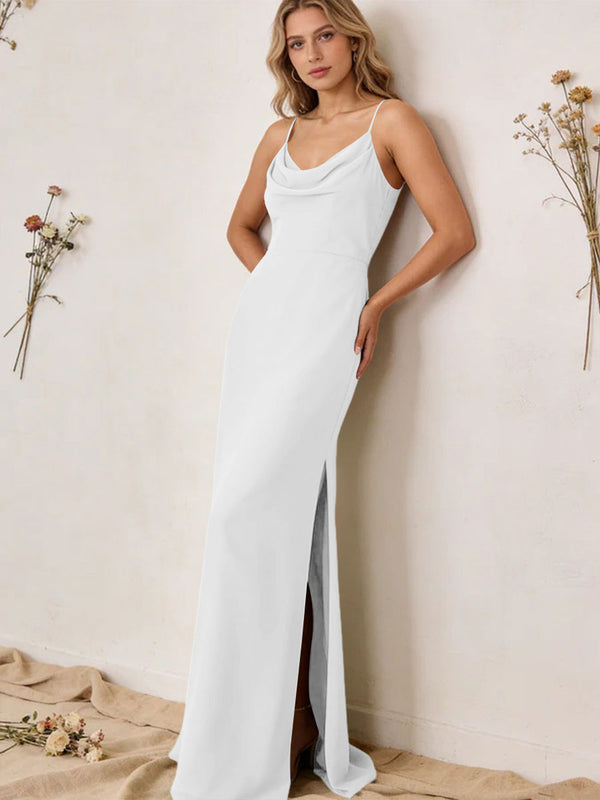 Chiffon Cowl Neck Spaghetti Straps Maxi Bridesmaid Dresses with Slit