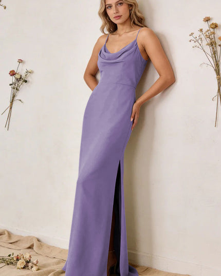 Chiffon Cowl Neck Spaghetti Straps Maxi Bridesmaid Dresses with Slit