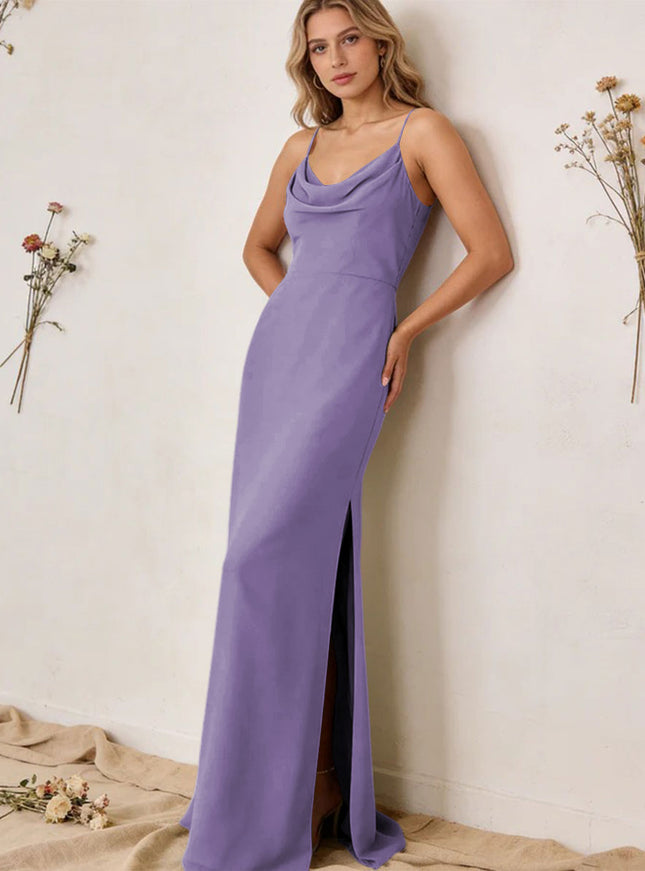 Chiffon Cowl Neck Spaghetti Straps Maxi Bridesmaid Dresses with Slit