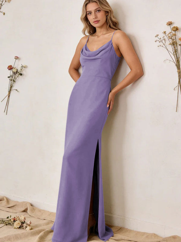 Chiffon Cowl Neck Spaghetti Straps Maxi Bridesmaid Dresses with Slit