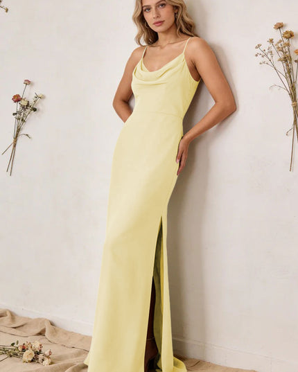 Chiffon Cowl Neck Spaghetti Straps Maxi Bridesmaid Dresses with Slit