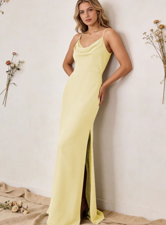 Chiffon Cowl Neck Spaghetti Straps Maxi Bridesmaid Dresses with Slit
