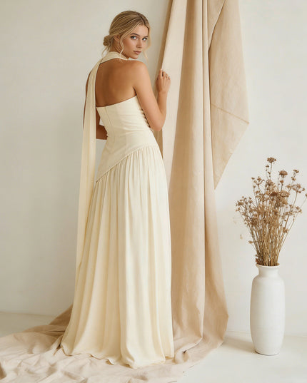 Chiffon Strapless High Slit Maxi Bridesmaid Dresses with Scarf