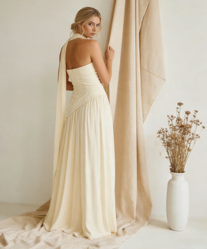 Chiffon Strapless High Slit Maxi Bridesmaid Dresses with Scarf