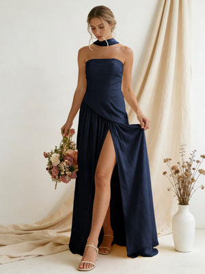 Chiffon Strapless High Slit Maxi Bridesmaid Dresses with Scarf