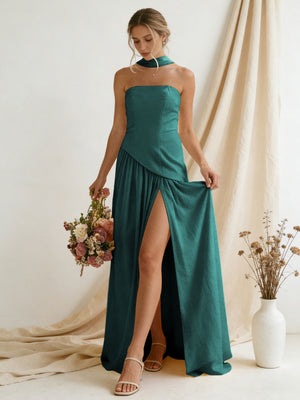 Chiffon Strapless High Slit Maxi Bridesmaid Dresses with Scarf