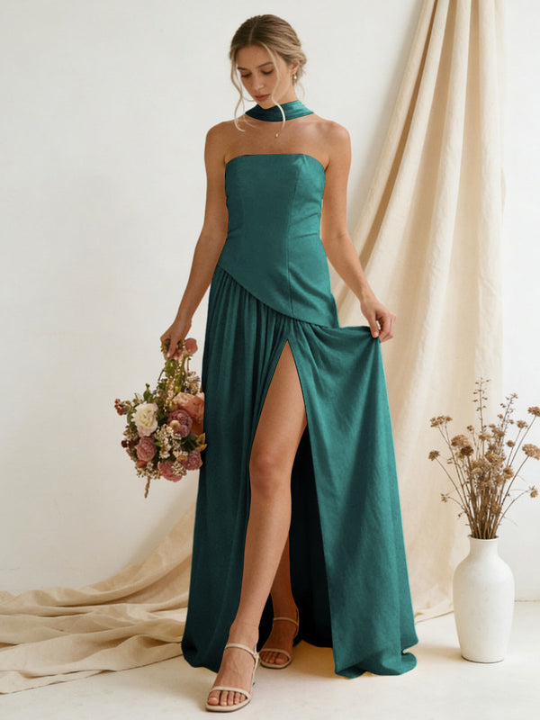 Chiffon Strapless High Slit Maxi Bridesmaid Dresses with Scarf
