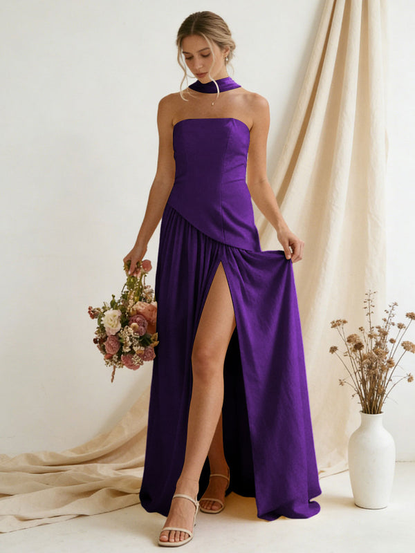 Chiffon Strapless High Slit Maxi Bridesmaid Dresses with Scarf