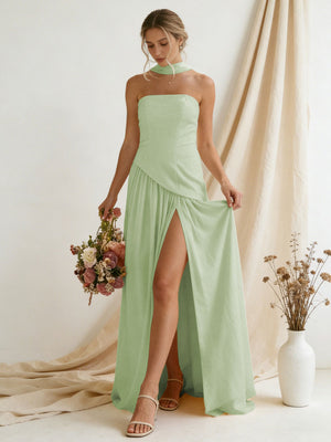 Chiffon Strapless High Slit Maxi Bridesmaid Dresses with Scarf