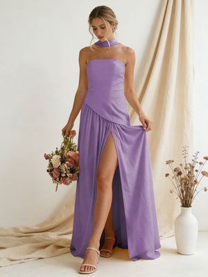 Chiffon Strapless High Slit Maxi Bridesmaid Dresses with Scarf