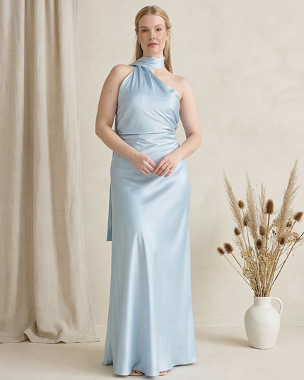 Satin One Shoulder Sleeveless Maxi Bridesmaid Dresses with Scarf