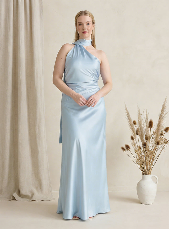 Satin One Shoulder Sleeveless Maxi Bridesmaid Dresses with Scarf
