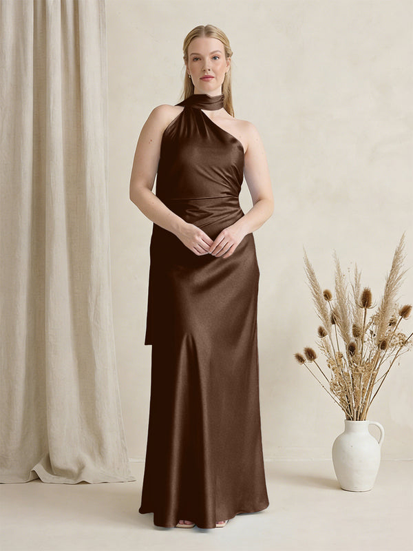 Satin One Shoulder Sleeveless Maxi Bridesmaid Dresses with Scarf