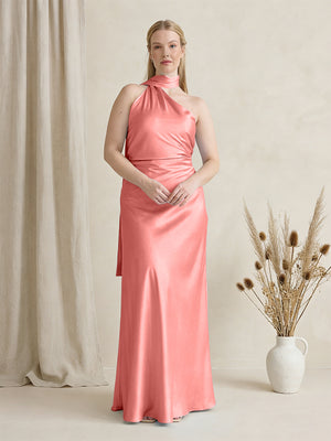 Satin One Shoulder Sleeveless Maxi Bridesmaid Dresses with Scarf