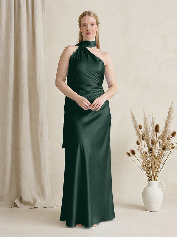 Satin One Shoulder Sleeveless Maxi Bridesmaid Dresses with Scarf