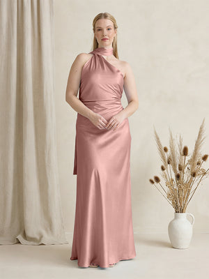 Satin One Shoulder Sleeveless Maxi Bridesmaid Dresses with Scarf