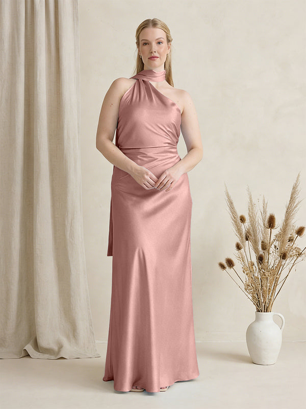 Satin One Shoulder Sleeveless Maxi Bridesmaid Dresses with Scarf