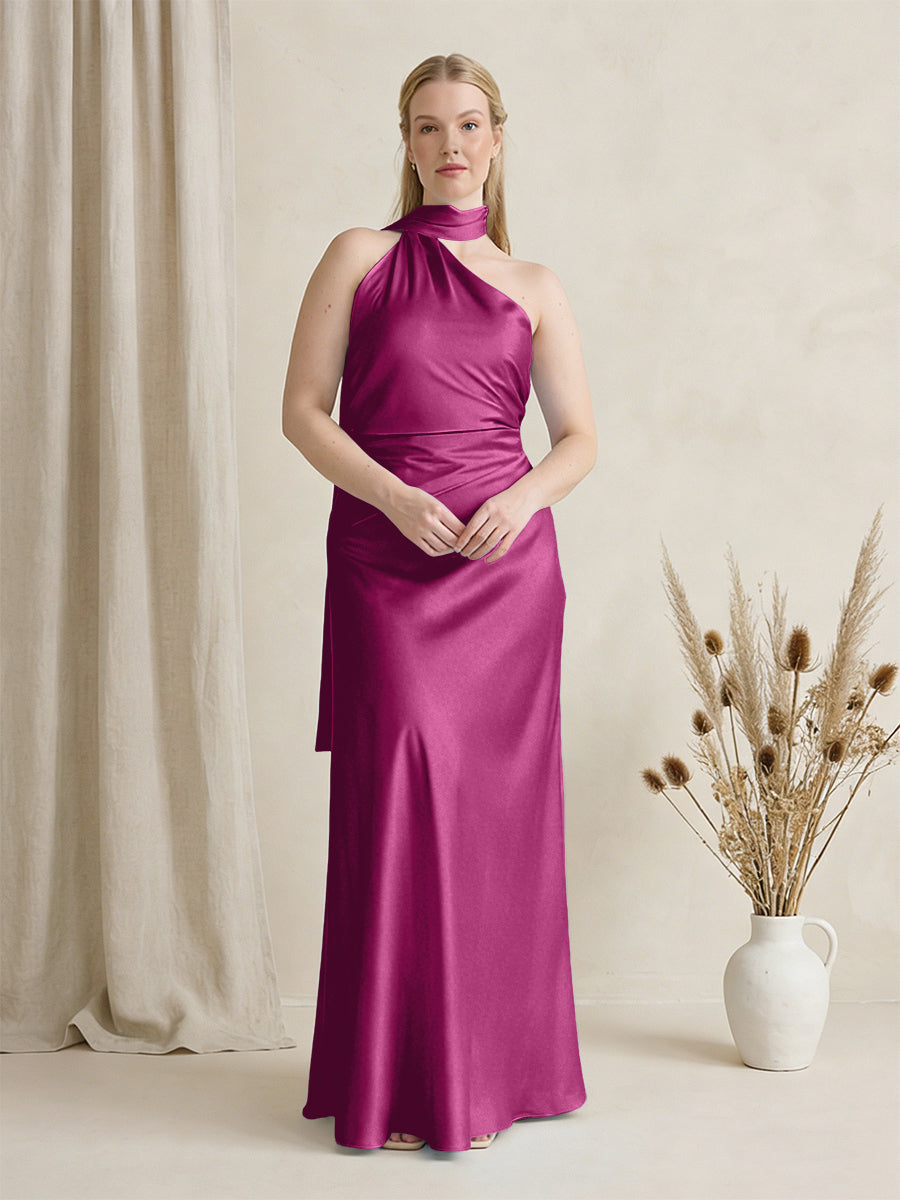 Satin One Shoulder Sleeveless Maxi Bridesmaid Dresses with Scarf