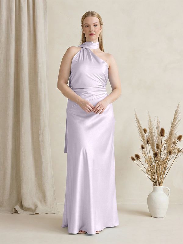 Satin One Shoulder Sleeveless Maxi Bridesmaid Dresses with Scarf