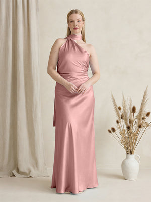 Satin One Shoulder Sleeveless Maxi Bridesmaid Dresses with Scarf