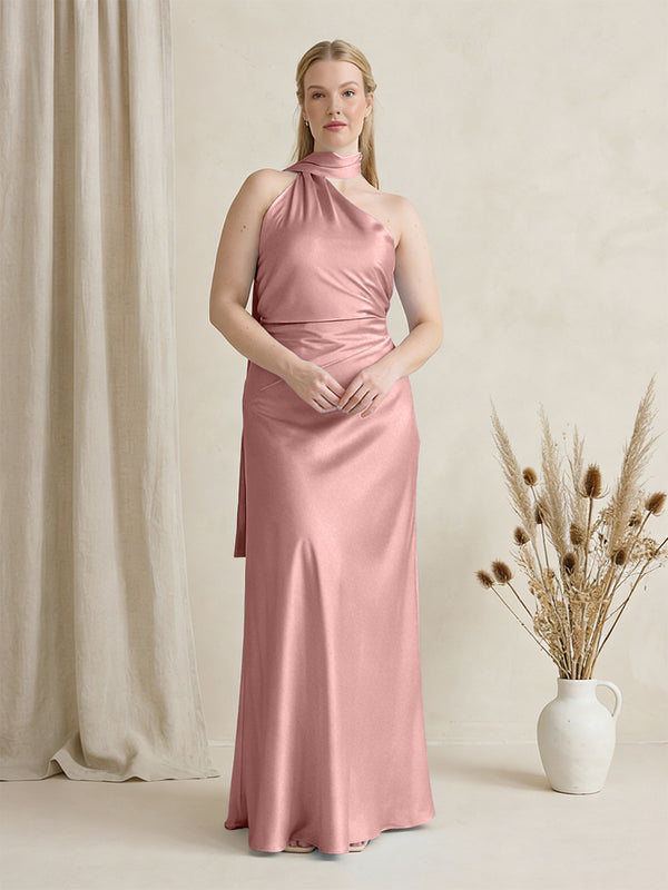 Satin One Shoulder Sleeveless Maxi Bridesmaid Dresses with Scarf