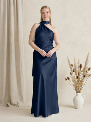 Satin One Shoulder Sleeveless Maxi Bridesmaid Dresses with Scarf