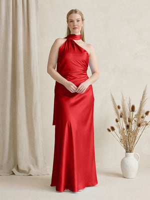 Satin One Shoulder Sleeveless Maxi Bridesmaid Dresses with Scarf
