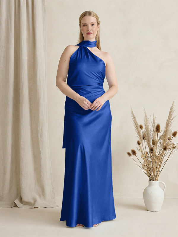 Satin One Shoulder Sleeveless Maxi Bridesmaid Dresses with Scarf