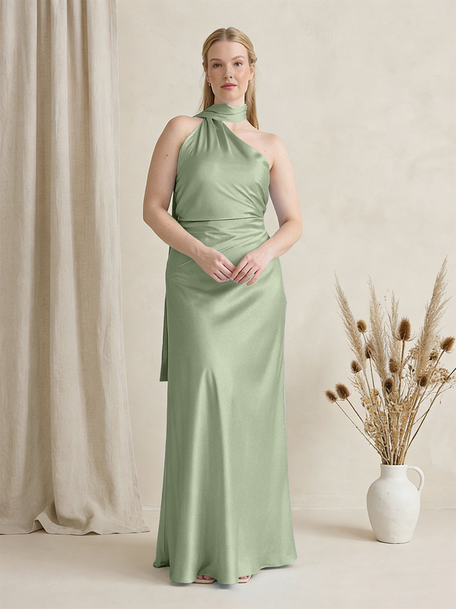 Satin One Shoulder Sleeveless Maxi Bridesmaid Dresses with Scarf