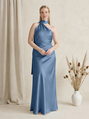 Satin One Shoulder Sleeveless Maxi Bridesmaid Dresses with Scarf