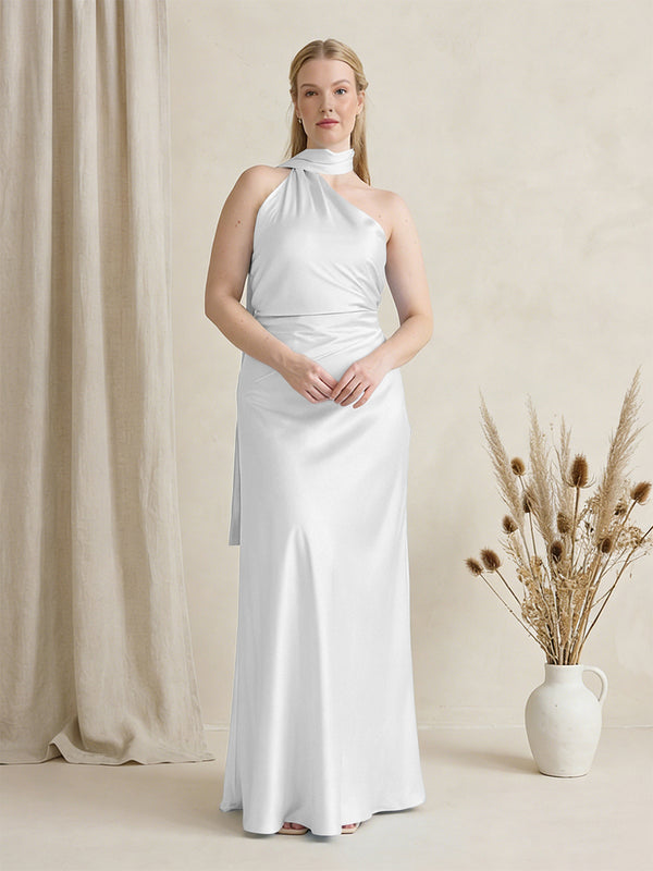 Satin One Shoulder Sleeveless Maxi Bridesmaid Dresses with Scarf