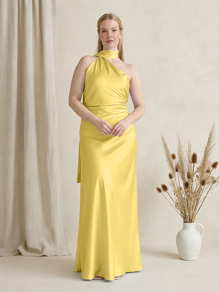 Satin One Shoulder Sleeveless Maxi Bridesmaid Dresses with Scarf