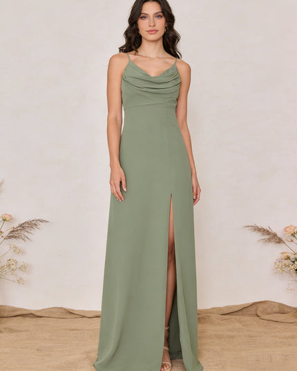 Chiffon Spaghetti Straps Cowl Neck Maxi Bridesmaid Dresses with Slit