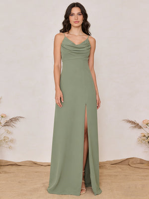 Chiffon Spaghetti Straps Cowl Neck Maxi Bridesmaid Dresses with Slit