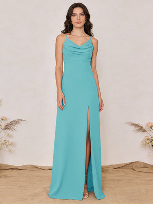 Chiffon Spaghetti Straps Cowl Neck Maxi Bridesmaid Dresses with Slit