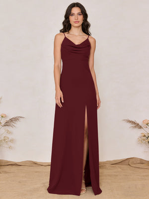 Chiffon Spaghetti Straps Cowl Neck Maxi Bridesmaid Dresses with Slit