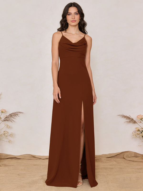 Chiffon Spaghetti Straps Cowl Neck Maxi Bridesmaid Dresses with Slit
