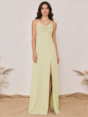 Chiffon Spaghetti Straps Cowl Neck Maxi Bridesmaid Dresses with Slit