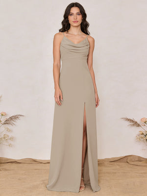 Chiffon Spaghetti Straps Cowl Neck Maxi Bridesmaid Dresses with Slit