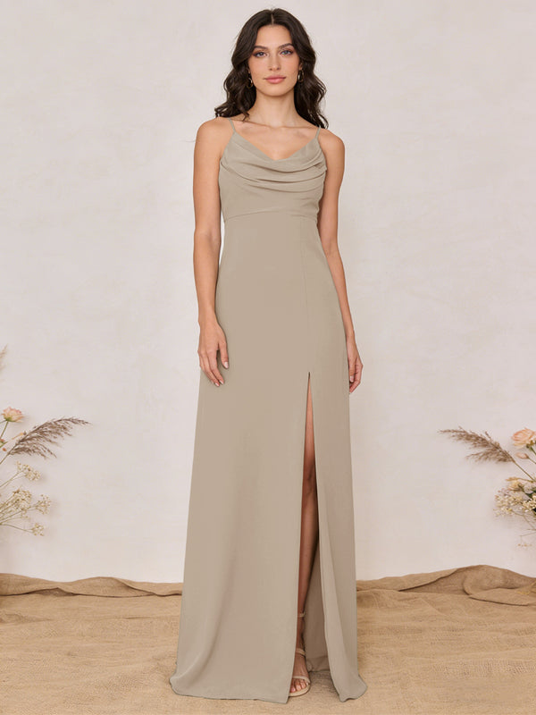 Chiffon Spaghetti Straps Cowl Neck Maxi Bridesmaid Dresses with Slit