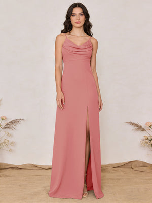 Chiffon Spaghetti Straps Cowl Neck Maxi Bridesmaid Dresses with Slit