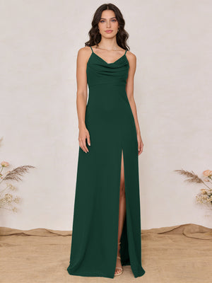 Chiffon Spaghetti Straps Cowl Neck Maxi Bridesmaid Dresses with Slit