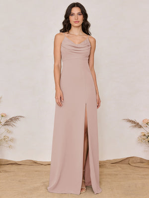 Chiffon Spaghetti Straps Cowl Neck Maxi Bridesmaid Dresses with Slit