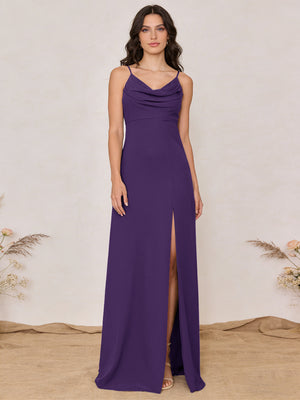 Chiffon Spaghetti Straps Cowl Neck Maxi Bridesmaid Dresses with Slit