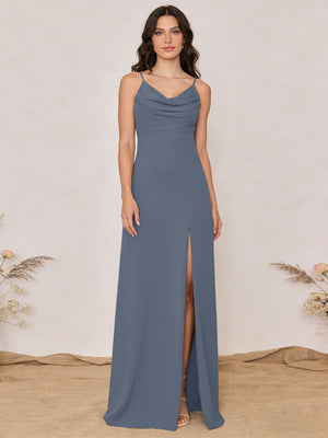 Chiffon Spaghetti Straps Cowl Neck Maxi Bridesmaid Dresses with Slit