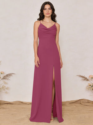 Chiffon Spaghetti Straps Cowl Neck Maxi Bridesmaid Dresses with Slit